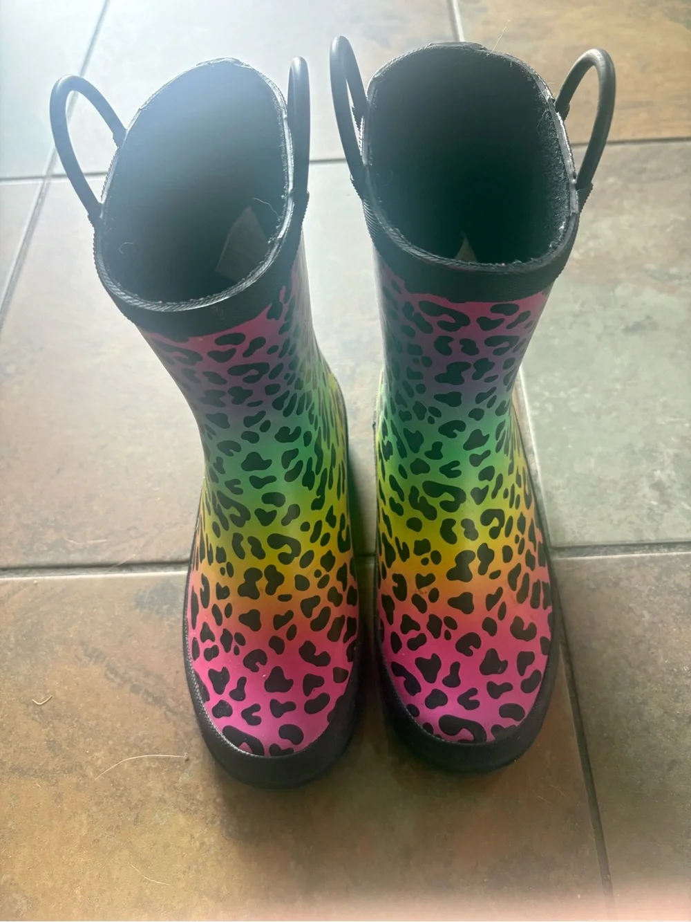 Kids Rainbow Leopard Rain & Snow Boots with Easy Grip Handles - Lisa Frank color
